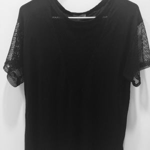 Black T-shirt with fishnet/mesh sleeves and V-cut
